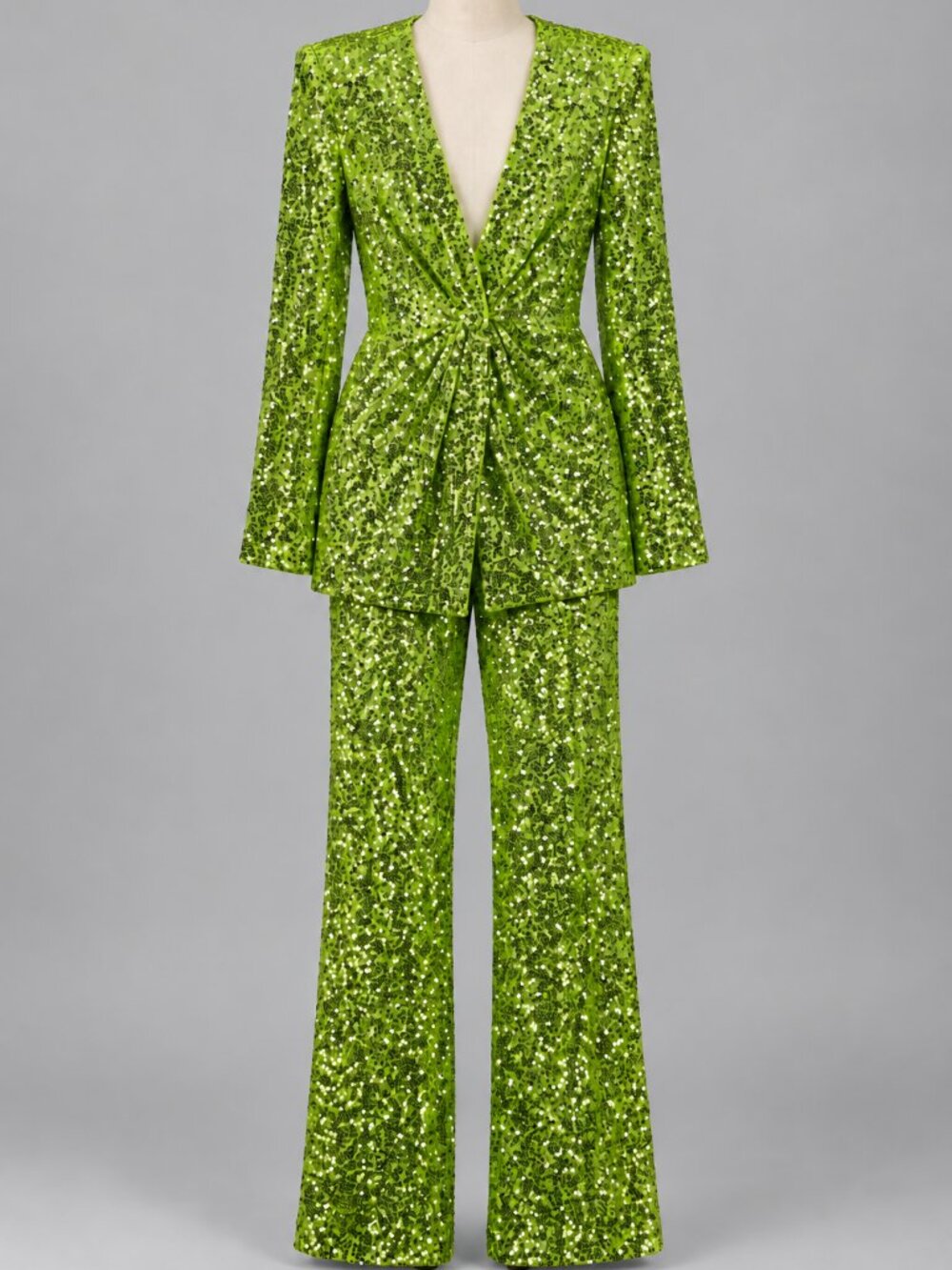 Badgley Mischka Suit Set Womens 4 Green Sequin Jacket Pants Party Cocktail